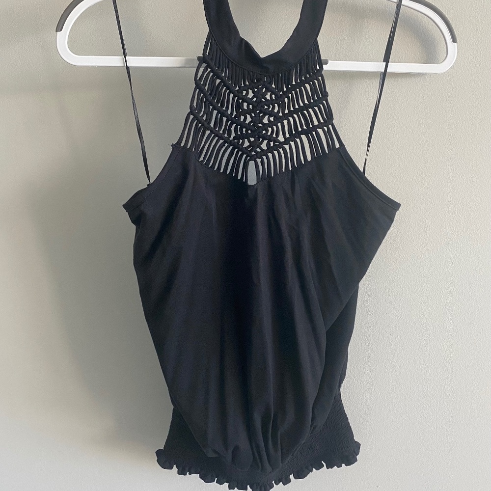 Ramy Brook Black Crochet Front top